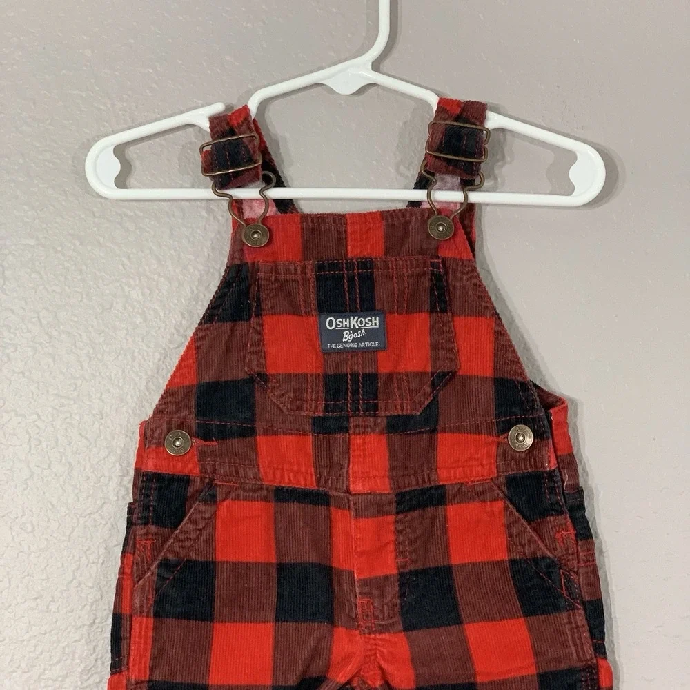 OshKosh B'gosh Vestbak Red Black Buffalo Plaid Corduroy Overalls Size 6 Months‎